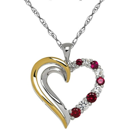 10k Gold Lab Created Ruby Created Ruby with White Topaz Heart Pendant in Sterling Silver and 10K Yellow Gold, 18