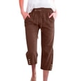 thumbnail image 2 of Cotton Linen Capris for Women Casual Summer Straight Wide Leg Loose Drawstring Elastic Waist Petite Pull On Pants for Women Coffee XL, 2 of 7