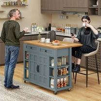 DWVO Kitchen Storage Cart with Power Outlets, Rolling Kitchen Island with Storage Shelves and Drawers, Blue Gray