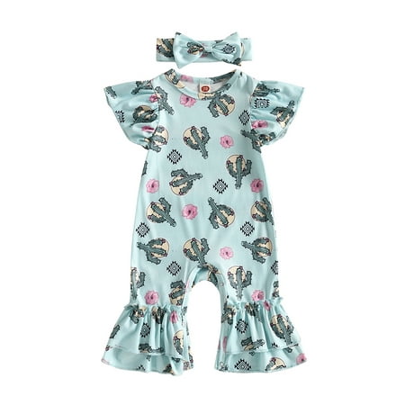 

Musuos Baby Girls Summer Casual Jumpsuit Western Cow Print Bodysuit Bell Bottoms
