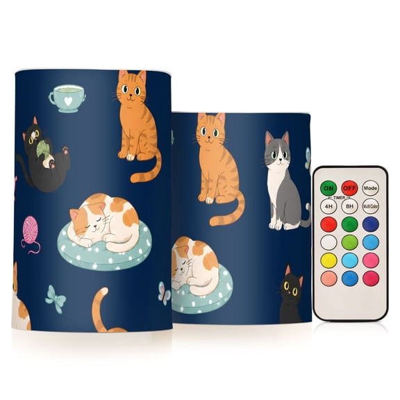 Many Cats Flameless Candles Flickering with Remote and Timer Battery Operated LED Pillar Candle Set of 2