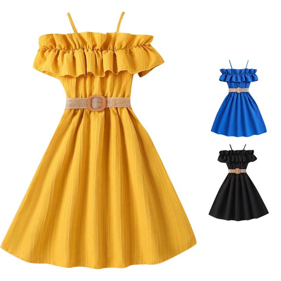 SUXIAN Dress for Girls Summer Sleeveless Solid Color Ruffle Party Belt Toddler Little Girl Dresses Yellow 8-9 Years