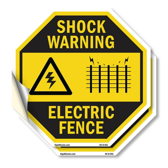 Shock Warning Electric Fence (2 Pack) 10 inch X 10 inch Octagon Vinyl Label Decal Sticker Weather Resistant, UV Protected for Workplace, Private Property, and Construction Site, Made in