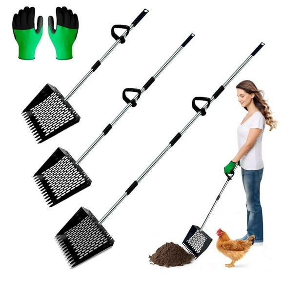 Chicken Poop Scoop & Coop Rake with Gloves – Back-Saving Sand Sifter Shovel, Adjustable Metal Litter Pooper Scooper Long Handle for Chicken Coop Cleaning and Pet Waste