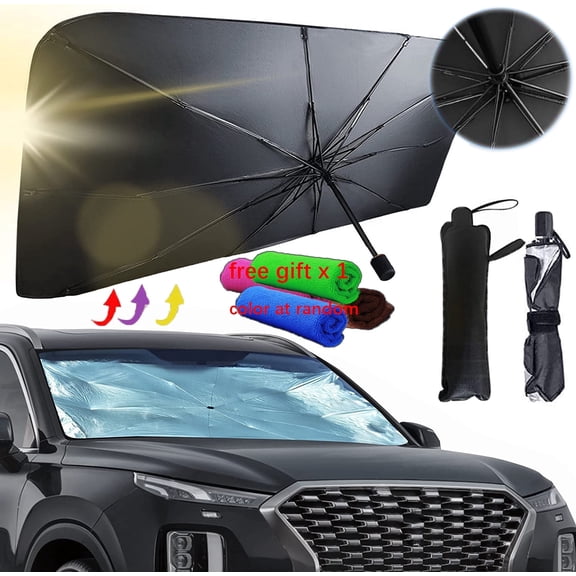 Byseng Car Windshield Sun Shade Umbrella, Foldable Automotive Sunshield for Front Window, Titanium Silver UV Protection Coating, Heat Insulator, Large Size (57" x 31")