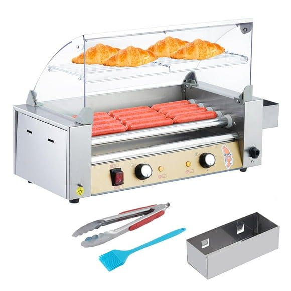 Whizmax Hot Dog Roller Stainless Steel Sausage Grill Cooker Machine with Dual Temp Control Glass Hood Acrylic Cover Bun Warmer Shelf Removable Oil Drip Tray, Hotdog Roller Grill for Commercial Home