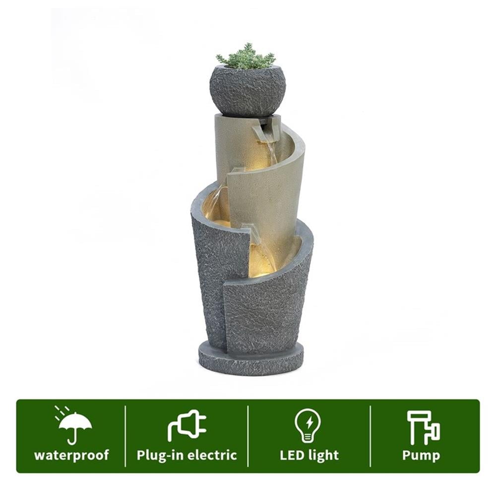 LuxenHome 27 Inch Gray Resin Cascading Spiral Outdoor Water Fountain with Lights