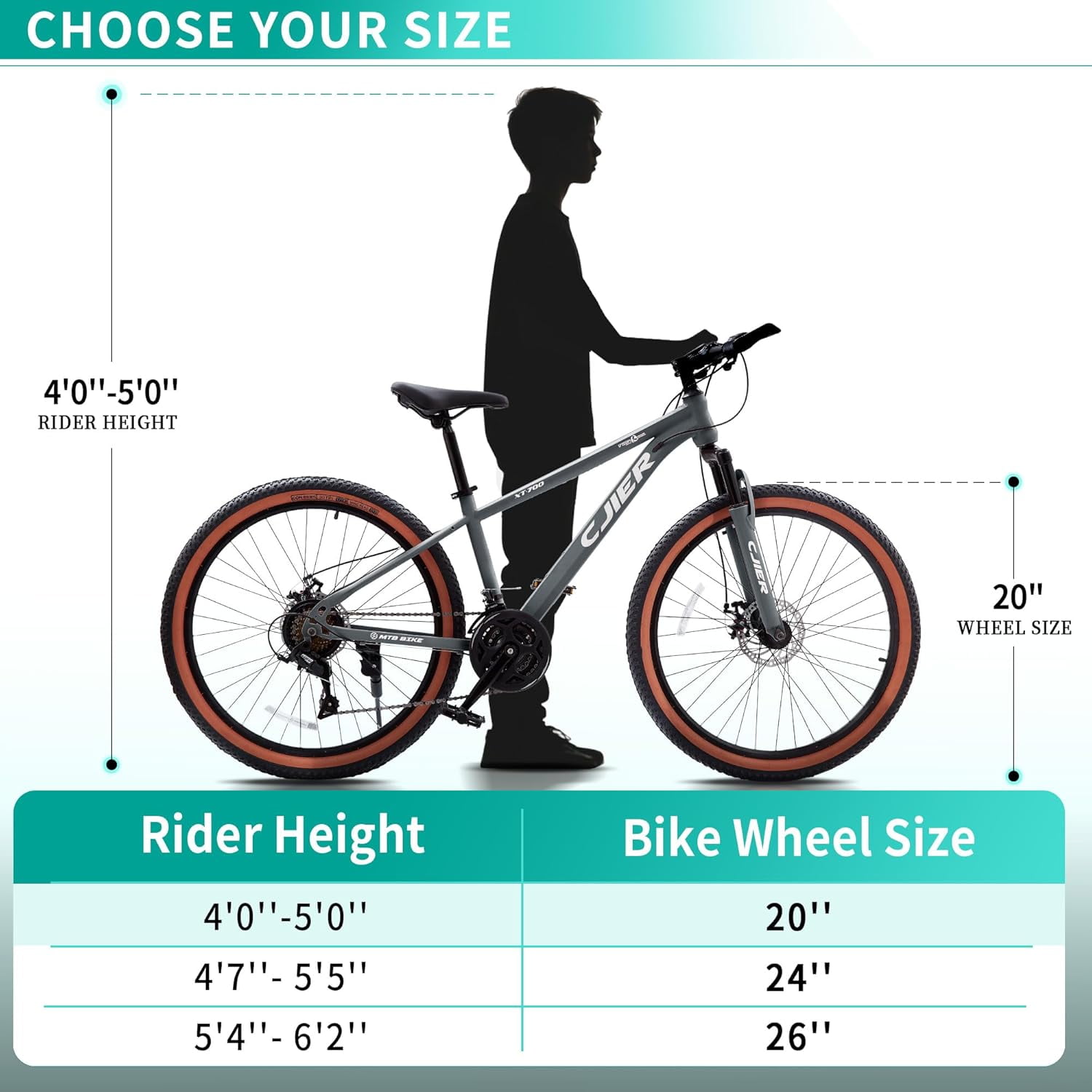Cuoote Bicycle, 20" Mountain Bike 21-Speed with Dual Disc Brakes, Suspension Fork, Internal Cable Routing, 2.125" Tires, Ergonomic Grips