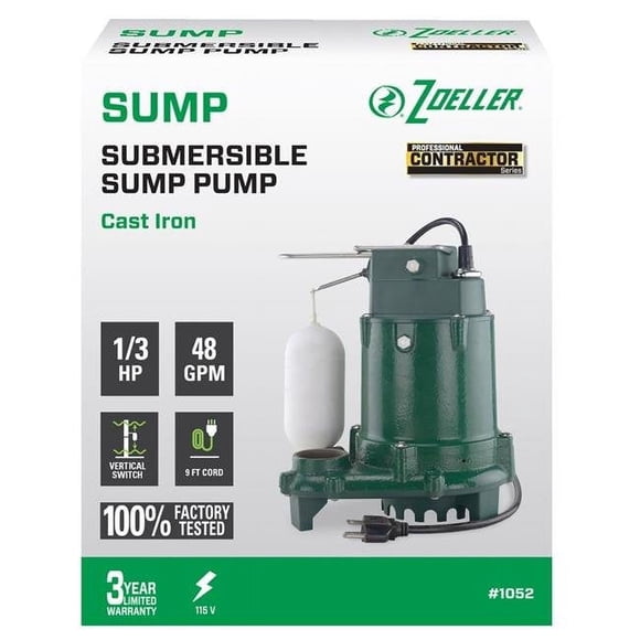 Zoeller 4003461 0.33 HP 48 GPH Cast Iron Vertical Float Switch AC Bottom Suction Submersible Sump Pump