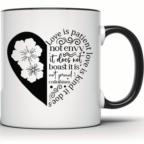 Love is Patient Mug, 1 Corinthians Verse, Floral Heart, Christian Coffee Mug, Bible Verse Gift, Religious Scripture Mug - 11 Ounce Black Rim Handle Novelty Coffee Cup - WMUG1584-BLK