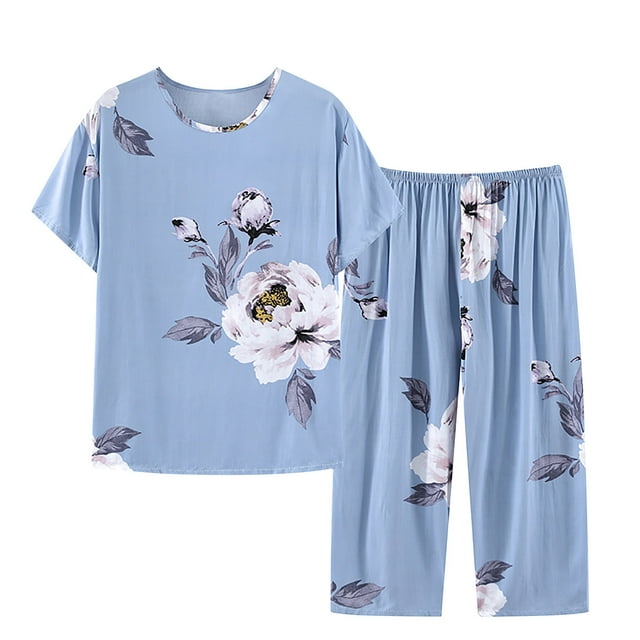 Rbaofujie Chemise de Nuit pour Femmes Ensemble d'Été Deux Pièces Manches Courtes Col Rond Ensemble de Pyjama Imprimé Hauts Pantalons Vêtements de Nuit pour Femmes