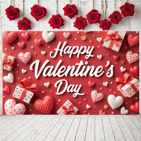 Red Heart Valentine's Day Banner Pink Theme Love Display Polka Dot Gift Box Heart Backdrop for Romantic Party Valentine's Celebration Couples Gathering