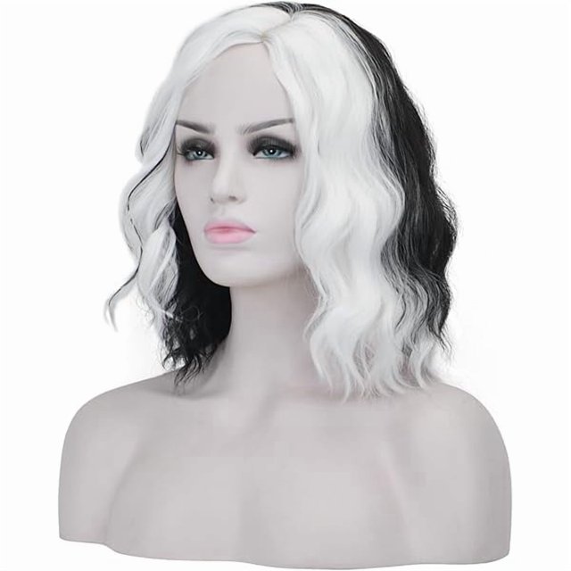 wonima44 AICKER Half Black and Half White Long Curly Wavy Wig For Women Anime Cosplay Christmas Halloween Costume Daily Party Wigs (Long(Black&White))