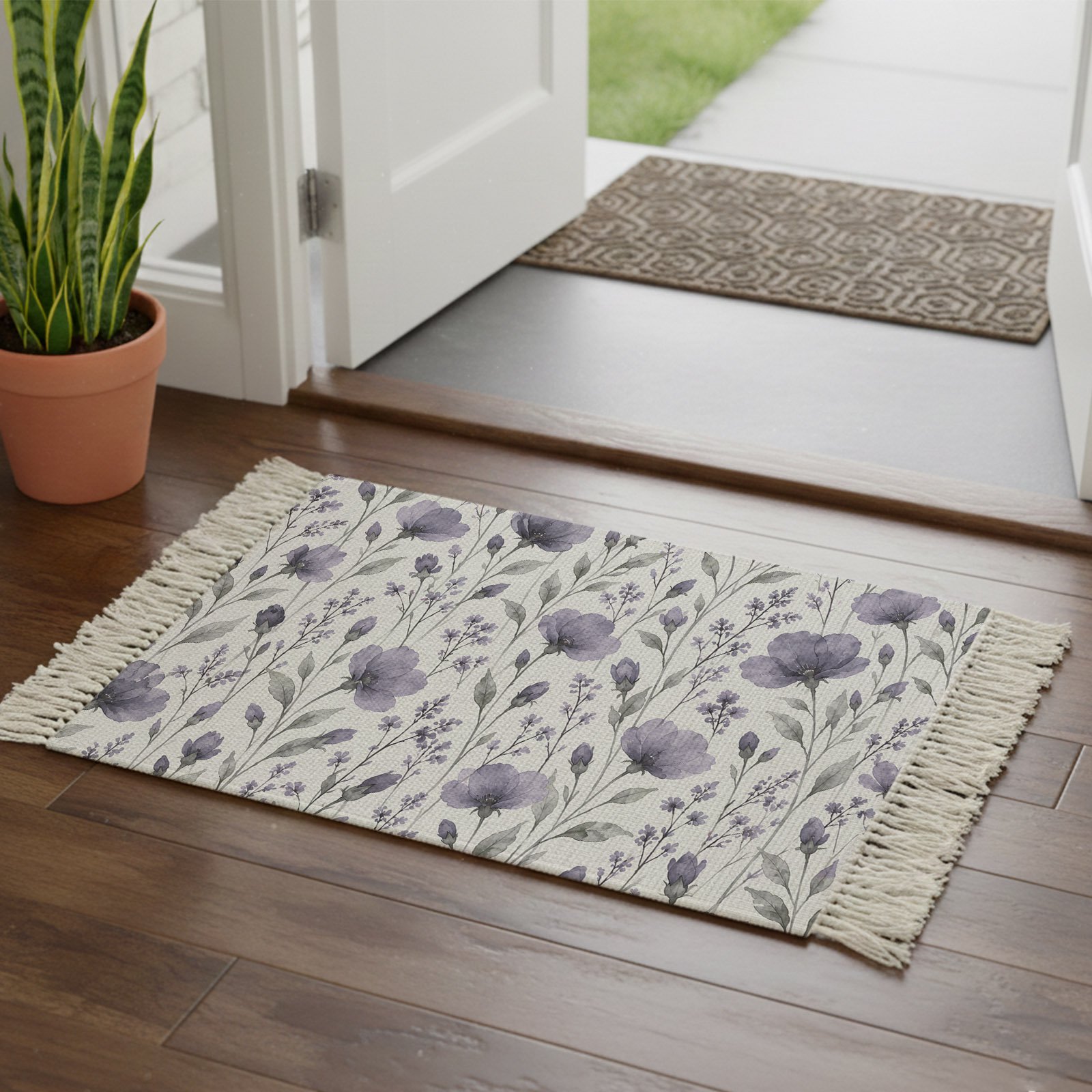Kitchen Runner Rugs Pastoral Purple Flower 2 x3 Throw Rug with Tassels Farmhouse Wildflower Botanical Washable Soft Floor Carpet Runner for Hallway Bedroom Bathroom Laundry Room