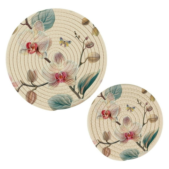 Orchid Flower and Butterfly Pot Holders Trivets Set of 2 Cotton Hot Pads Mats for Hot Dishes Pots Pans Kitchen Cooking 7" 9.5"