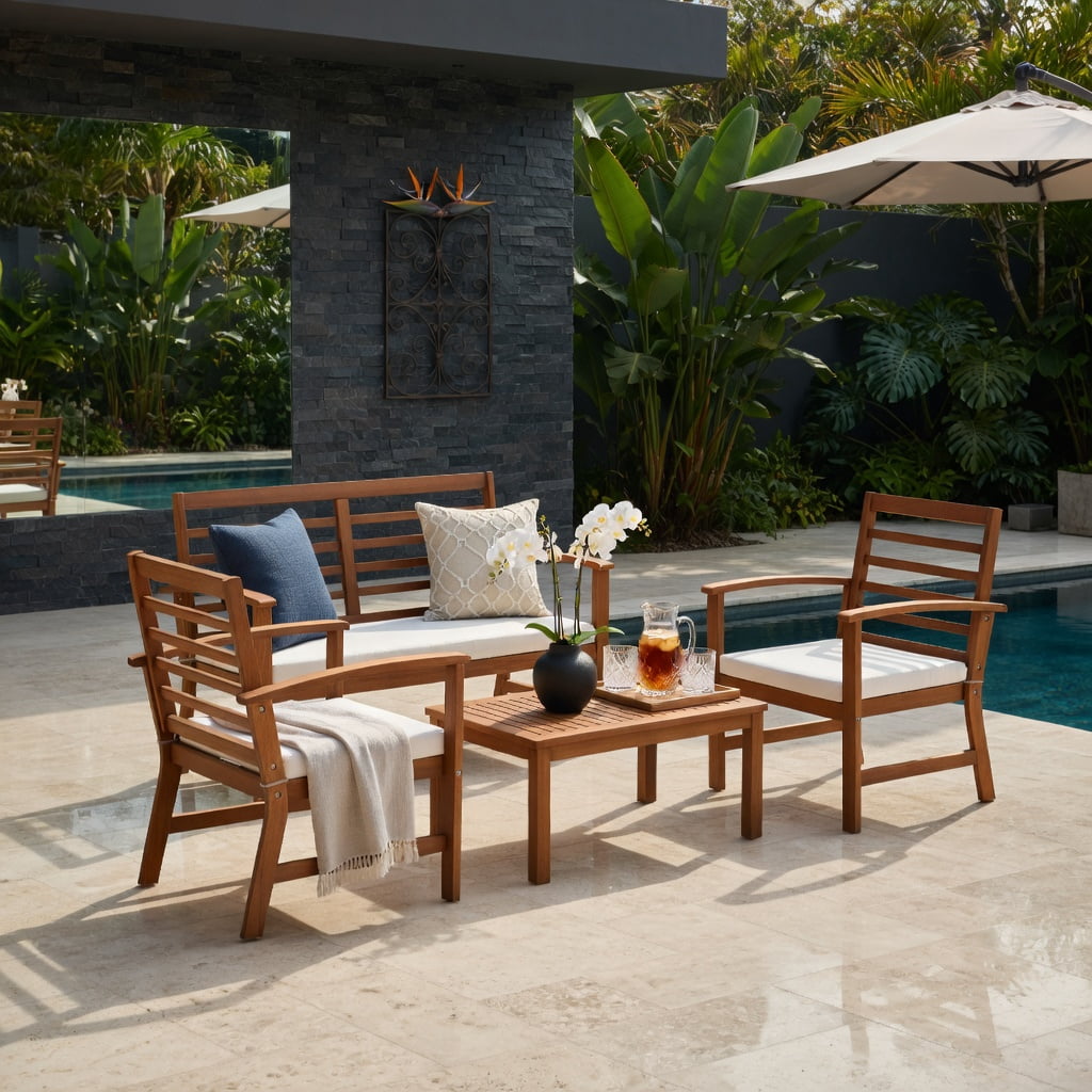 Hommoo 4-Piece Outdoor Patio Furniture Set, Acacia Wood Loveseat, 2 Chairs & Coffee Table, Durable, Weather-Resistant Backyard Seating, White