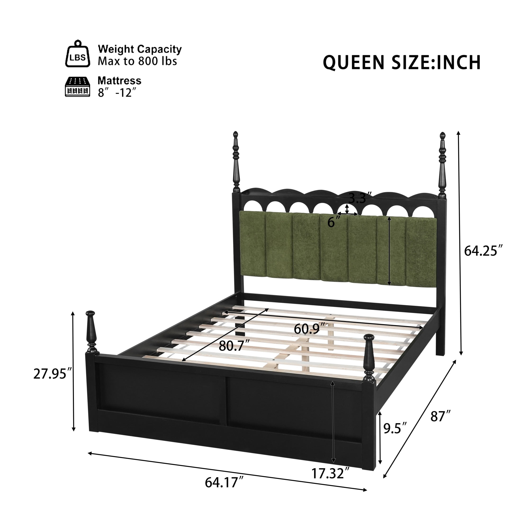 Christopher Knight Home Queen Wood Bed Frame with Scalloped Tufted Chenille Headboard, Black+Green