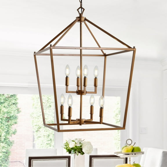 JONATHAN Y Pagoda 20" 8-Light Classic Traditional Metal Cage Lantern LED Pendant, Antique Gold