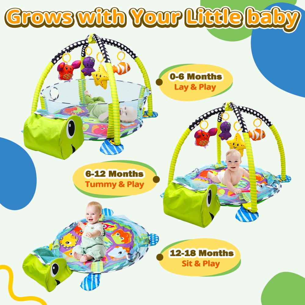 JoyStone 4 in 1 Turtle Baby Play Gym Activity Mat with 30 Balls, 4 Detachable Sound Toys, Baby Sensory Mat for for Toddler Infant, Newborn Gift for Boys and Girls, Green