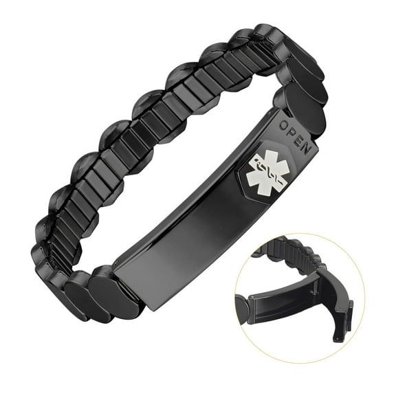Wollet Stretchable Black Medical Alert Bracelets for Women 7.08'', Emergency ID Bangles, Black