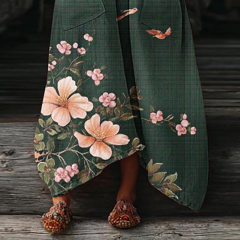 Womens 3/4 Sleeve Dresses Retro Floral Summer Maxi Dresses Irregular Hem Flowy Baggy Linen Ladies Dress with Pockets, Light Blue M
