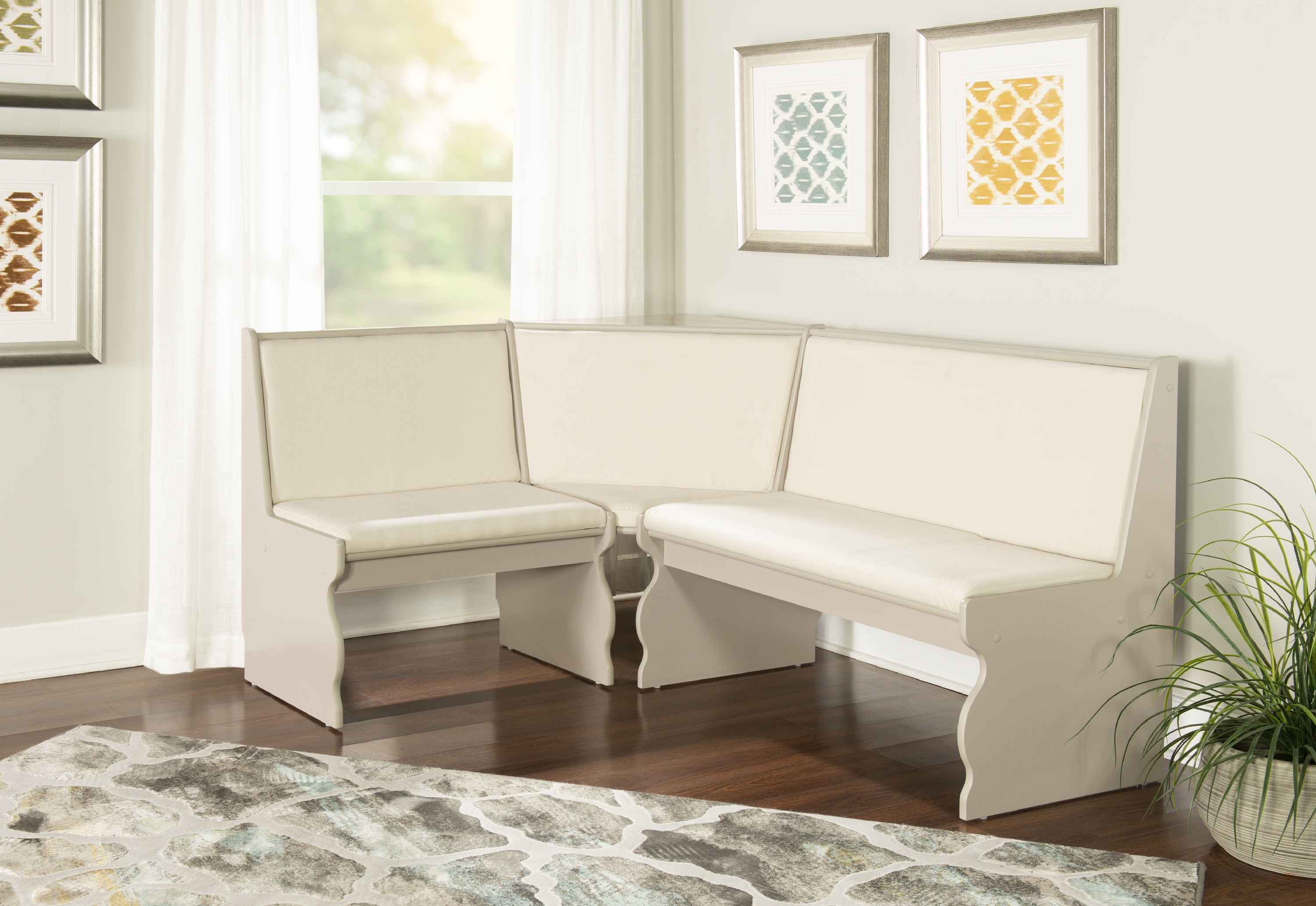 Linon Sasha 3-Piece Farmhouse Indoor Corner Dining Nook, Gray/White