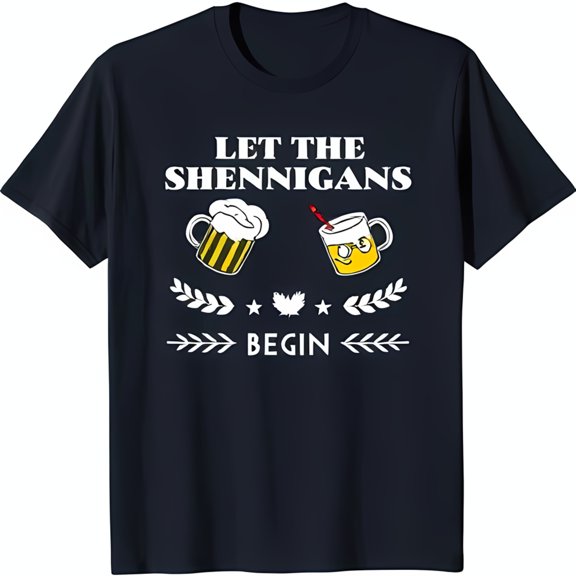 Let the Shenanigans Begin Fun Graphic Black T-Shirt with & Cocktail Design
