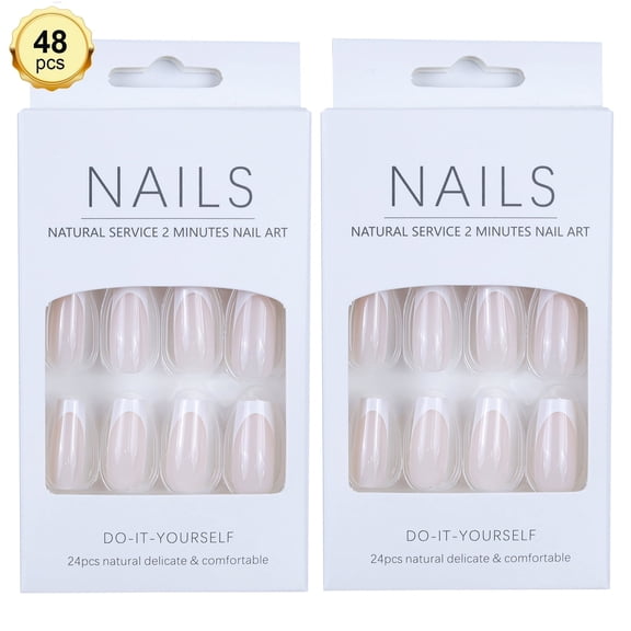 48pcs Press On Nails Nude French Fake Nail Tips Nail Art Gifts for Women ( Two Nail Set ,24count/set, Total 48 count)