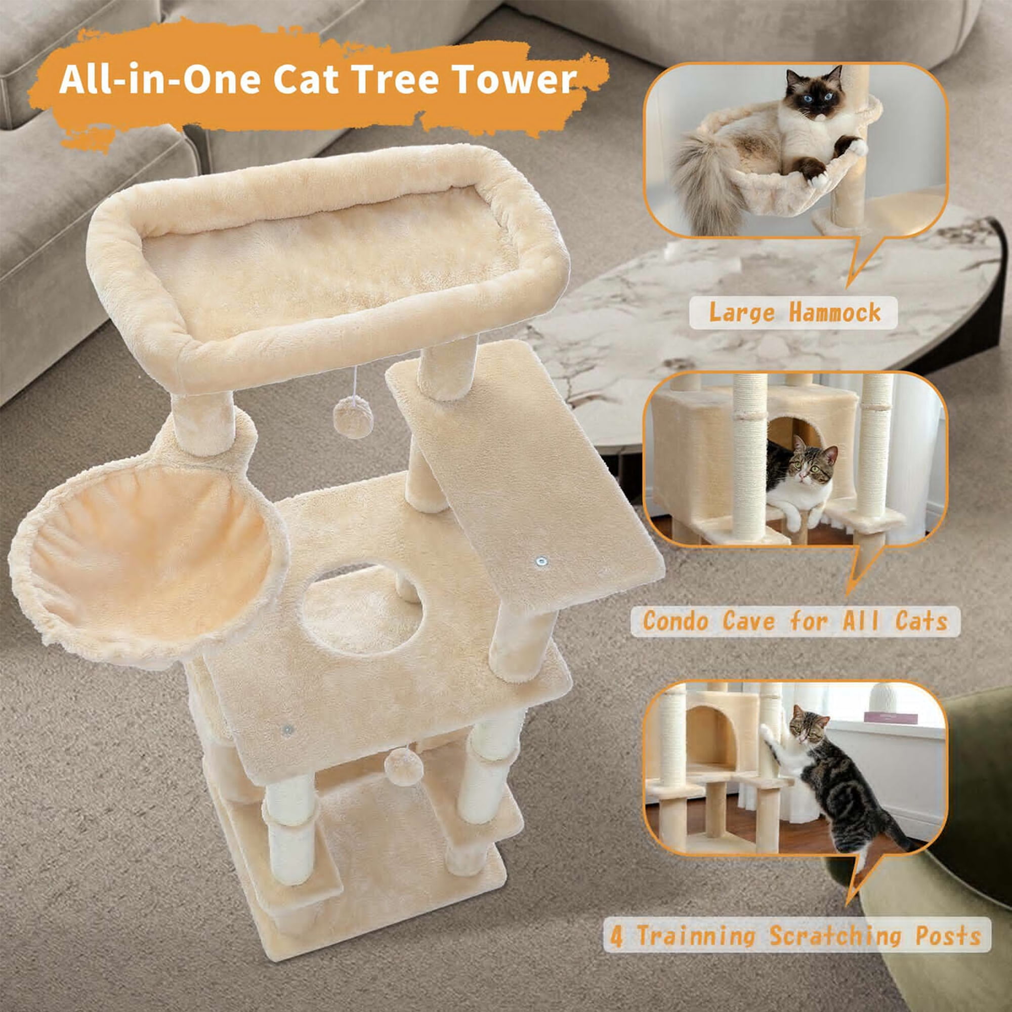 Kadyn 54" Cat Tree Tower for Big Cats, Cat Tree House Furniture with Hammock, Indoor Cat Condo for Adult Cats, Beige