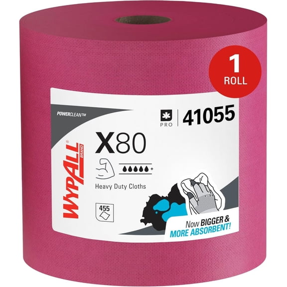 CQRF PowerClean X80 Cloths Heavy Duty Wipes (41055), Jumbo, Extended Use Towels, Red (1 Roll of 455 Sheets, 455 Sheet Total)