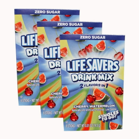 (3 Pack) Life Savers Cherry Watermelon Zero Sugar Drink Mix Sticks, 0.51 oz