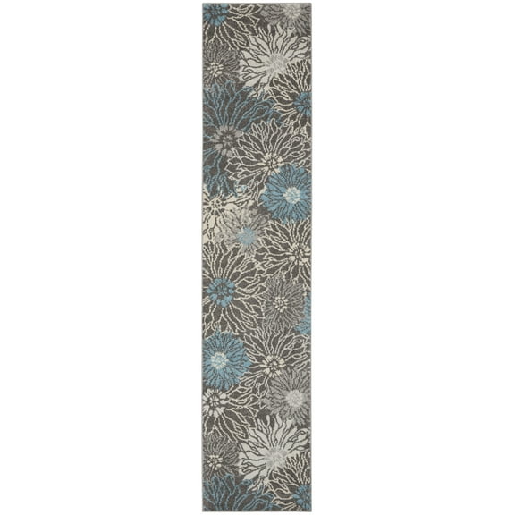 2â€™ x 10â€™ Charcoal and Blue Big Flower Runner Rug