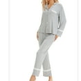 thumbnail image 2 of Xfvqtps Womens Pajama Set 2 PCS Top and Pants Solid Color Lace Long Sleeve Long Leg Flip Collar Open Front with Button Cozy Comfortable Soft House Casual Nightwear Gray, 2 of 9