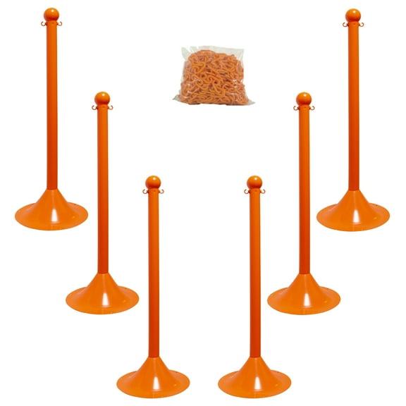 2 Inch Safety Orange Light Duty Stanchion & Chain Kit (6 Pk)