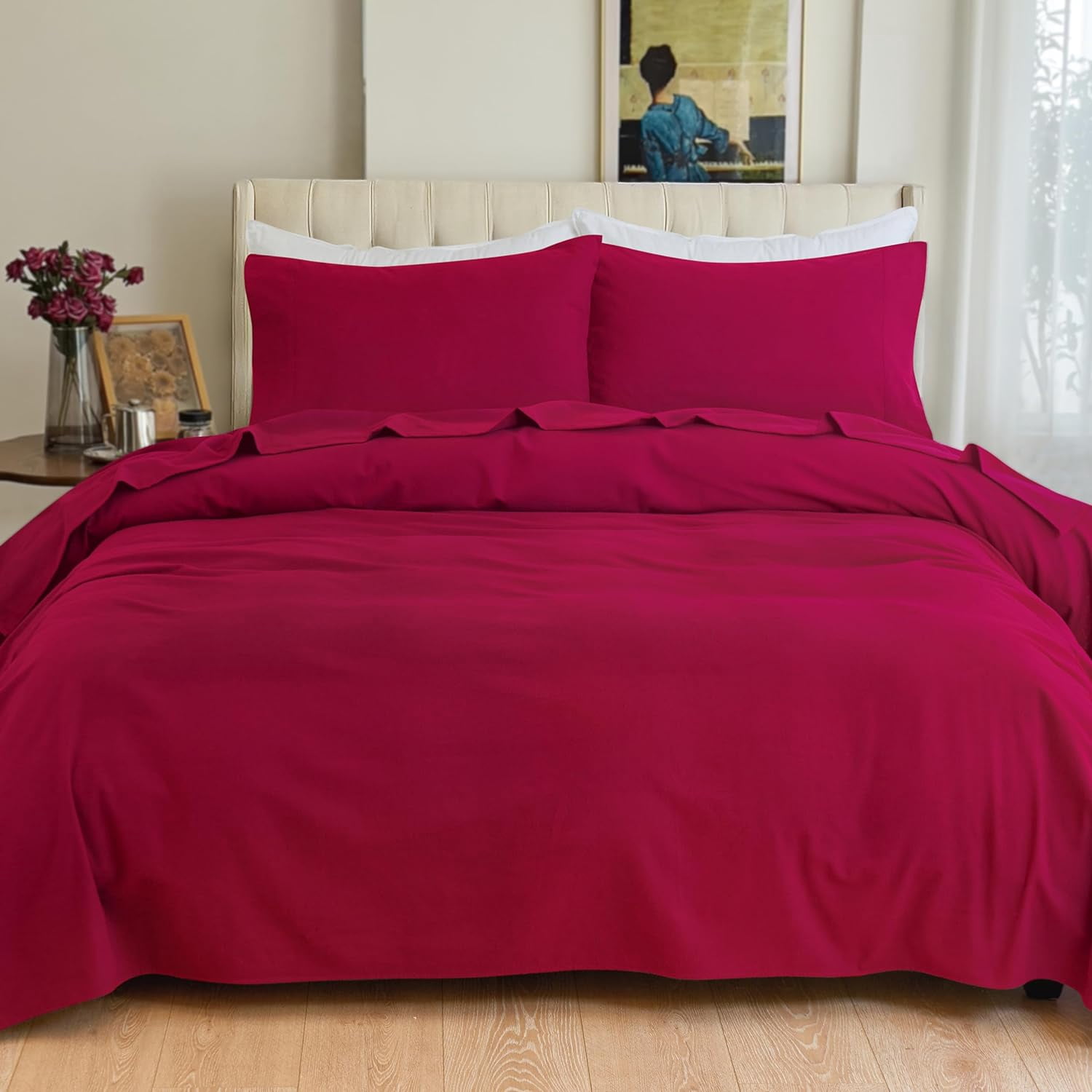 Elegant Comfort Soft 4-Piece Cotton Flannel Sheet Set -Deep Pocket Fitted Sheet, Flannel Sheets - Twin, Burgundy
