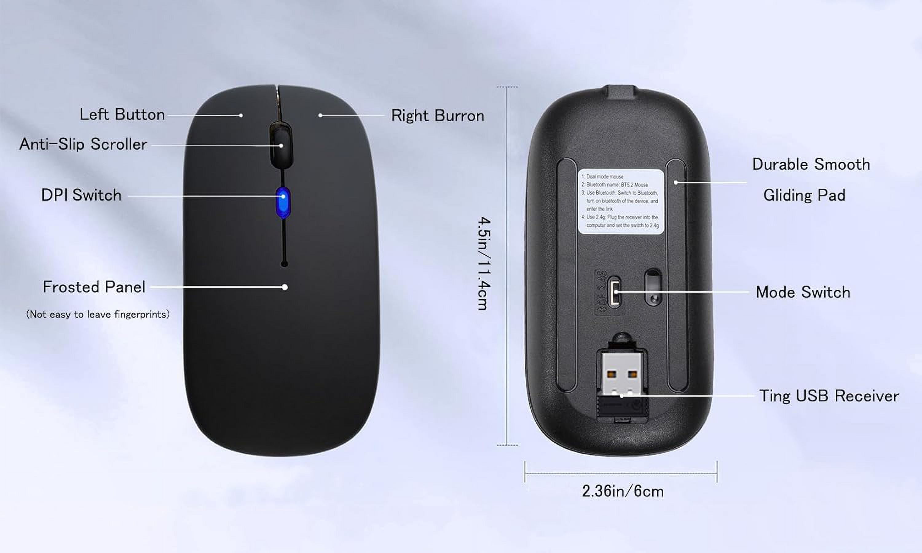  KANMABPC Wireless Bluetooth Mouse, Rechargeable LED Dual Mode  Mouse (Bluetooth 5.2 and USB Receiver) Portable Silent Mouse,for  Laptop/Desktop/Tablet(Black) : Electronics