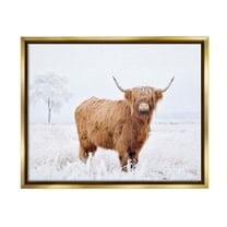 Stupell Industries Highland Cow in Snow Animals & Insects Photography Gold Floater Framed Canvas Art Print Wall Art, 21 x 17