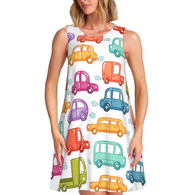 Fotbe Doodle Cars Vestido de Verano sin Mangas para Mujer – Vestido Midi Línea A, Estilo Camiseta Floral, Vestido Playero Casual y Fluido