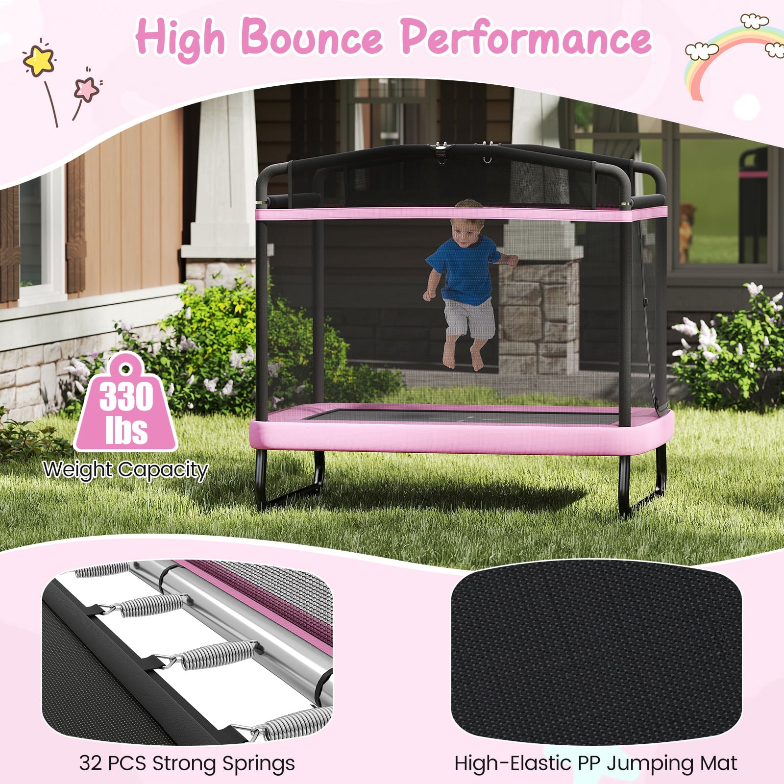 Topbuy 6 x 4 FT Rectangle Kids Trampoline Indoor Outdoor Recreational Trampoline with Swing Pink