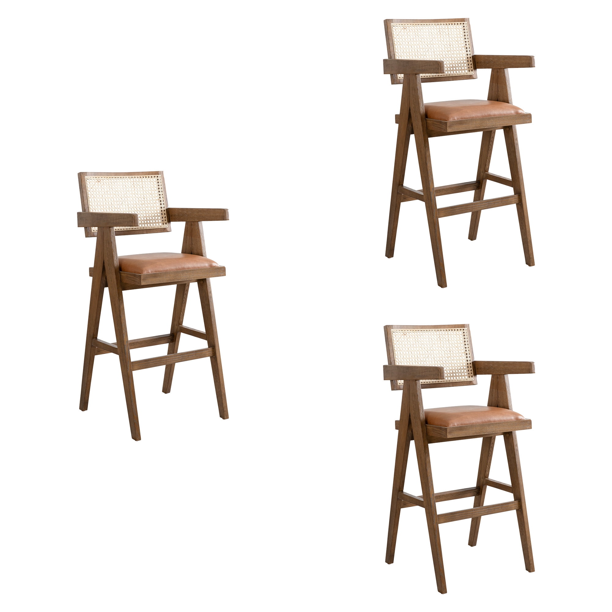 Harley Nutmeg Brown Solid Wood and Rattan Upholstered 30" Bar Height Barstool with Red/Brown Faux Leather Seat - Set of 3