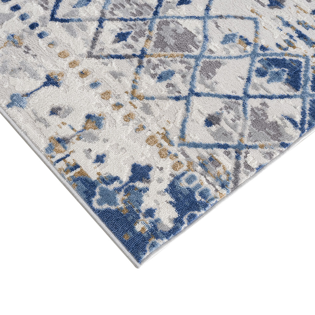 5x7 Blue Cream Geometric Rug Medium Pile Stain Fade Resistant Non-Slip Latex Backing Easy Clean for High-Traffic Living Room