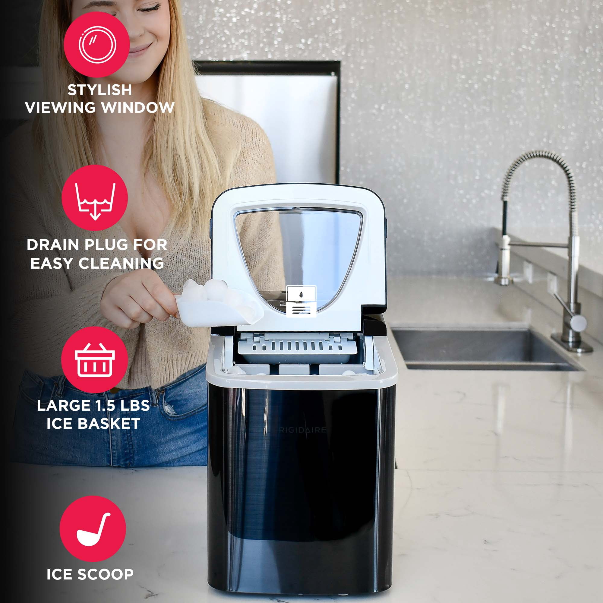 Frigidaire 26 Lbs. Countertop Ice Maker, Bullet Shaped Ice, Black Stainless Steel