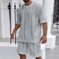 thumbnail image 3 of AWARDER Men's Summer 2-Piece Set, Knitted Solid Color Jacquard Short Sleeve T-Shirt and Casual Shorts, Breathable Lounge Outfit For Spring and Summer Season,Light Gray,3XL, 3 of 9