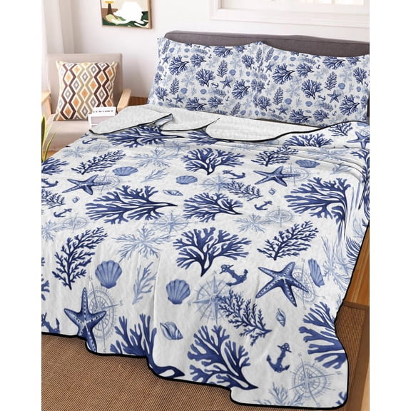 Twin Quilt Bedding Set, Ocean Starfish Coral Shell Lightweight Coverlet Summer Comforter Set Soft Microfiber Bedspread, Blue Marine Creature Nautical Theme 3 Piece Quilt Set with 2 Pillow Shams