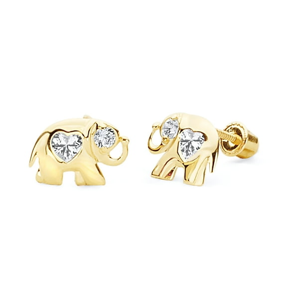 Wellingsale 14K Yellow Gold Polished Elephant Heart Stud Earrings With Screw Back