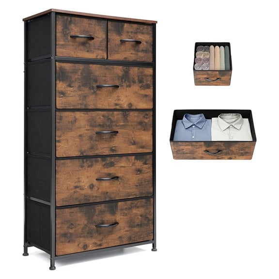 Fabric Dresser 6 Drawers, Tall Skinny Chest for Bedroom, Closet Organizer, Steel Frame, Rustic Brown