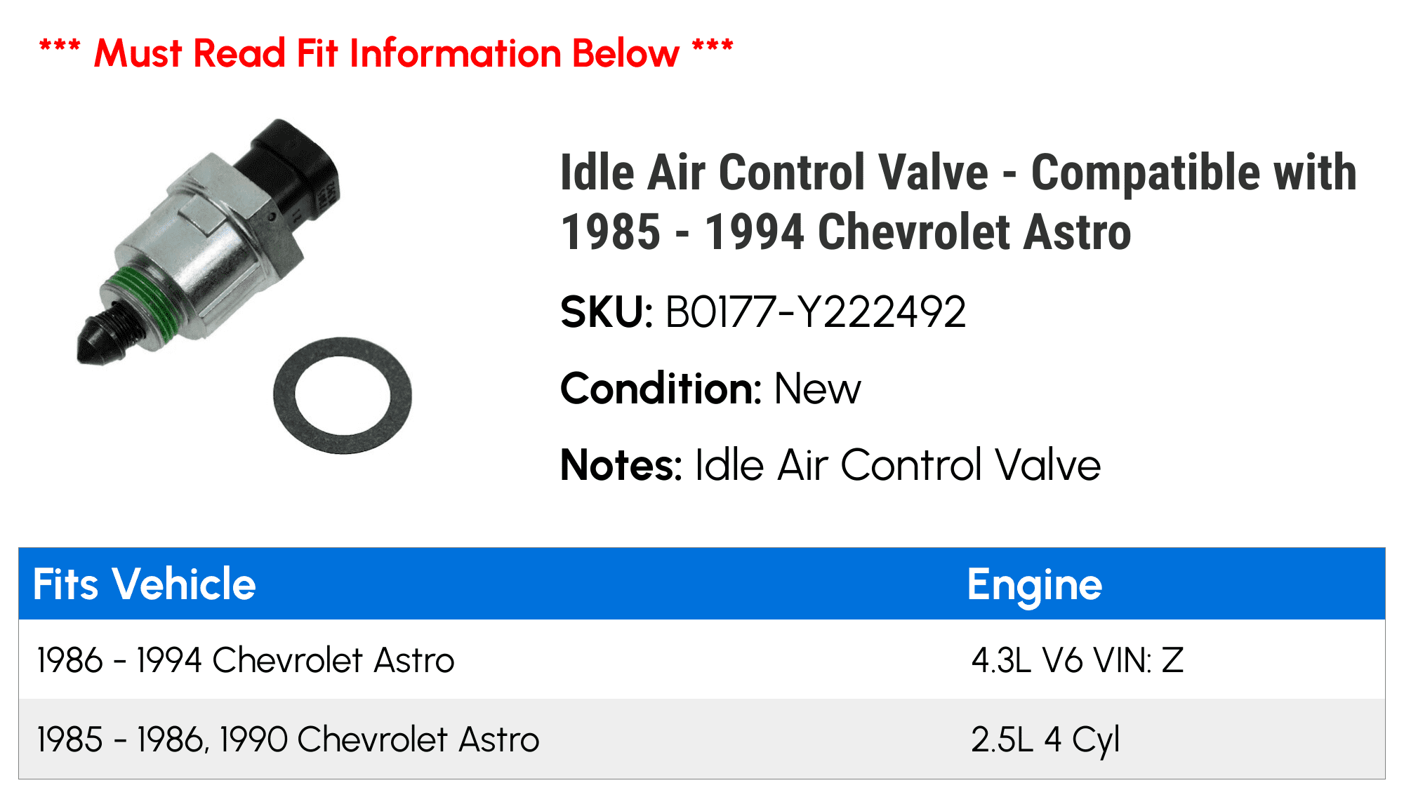 Idle Air Control Valve - Compatible with 1985 - 1994 Chevy Astro 1986 1987 1988 1989 1990 1991 1992 1993