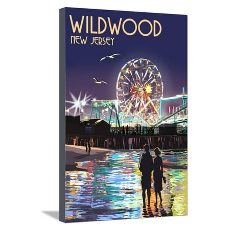 Ride Print Jersey - Wildwood, New Jersey - Pier and Rides at Night Stretched Canvas Print Wall Art By Lantern Press