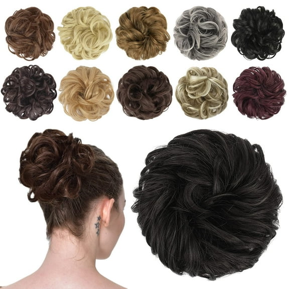 UKLL-Messy Bun Hair Piece - Elastic Wavy Curly Hair Bun Scrunchies Extensions Synthetic Chignon Hairpieces for Women Girls, Black Brown 1 PCS