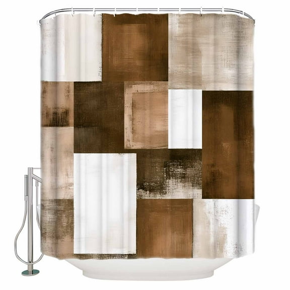 Shower Curtain Bathroom Set Shabby Abstract Brown Color Block Waterproof Fabric Shower Curtains with Grommets&Hooks Modern Rustic Geometric Privacy Bath Curtain for Bathtub 36x72in